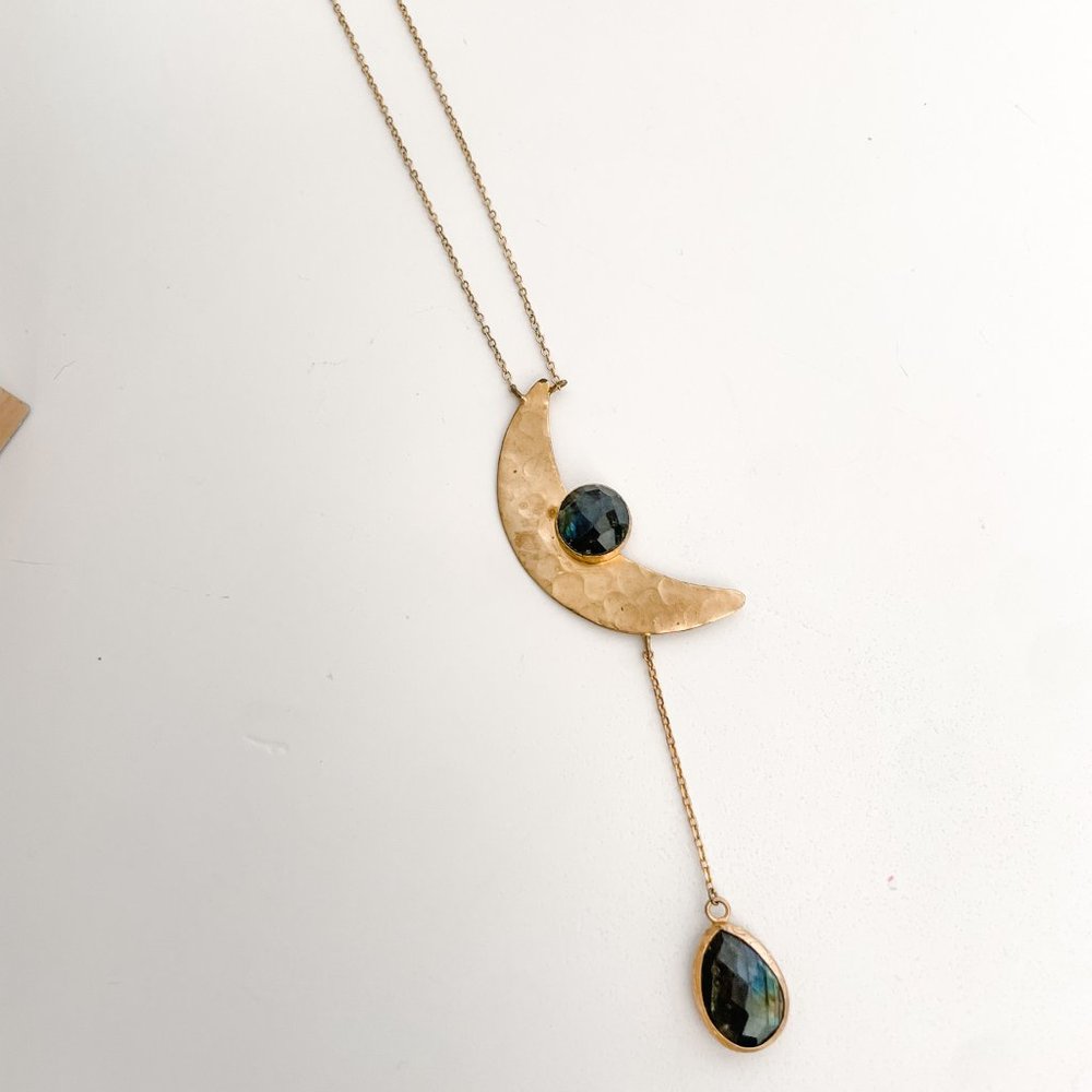 Crescent Moon Gold Vermeil and Dark Moonstone Necklace
